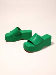 Damen Plateausandaletten mit quadratischer Zehenpartie und Keilabsatz, sexy Lässig Peep-Zehen offene Slip-On Sommer atmungsaktive Leder grüne Pantoffeln