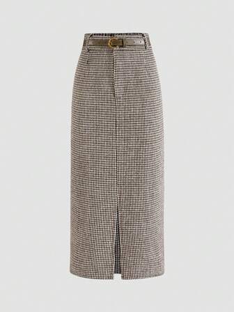 Falda A-Line con abertura frontal plisada, decoración de cinturón, estilo retro francés, casual minimalista, cómoda y versátil para uso diario, cintura alta con elástico que estiliza la figura, elegante y holgada para uso profesional, primavera/otoño