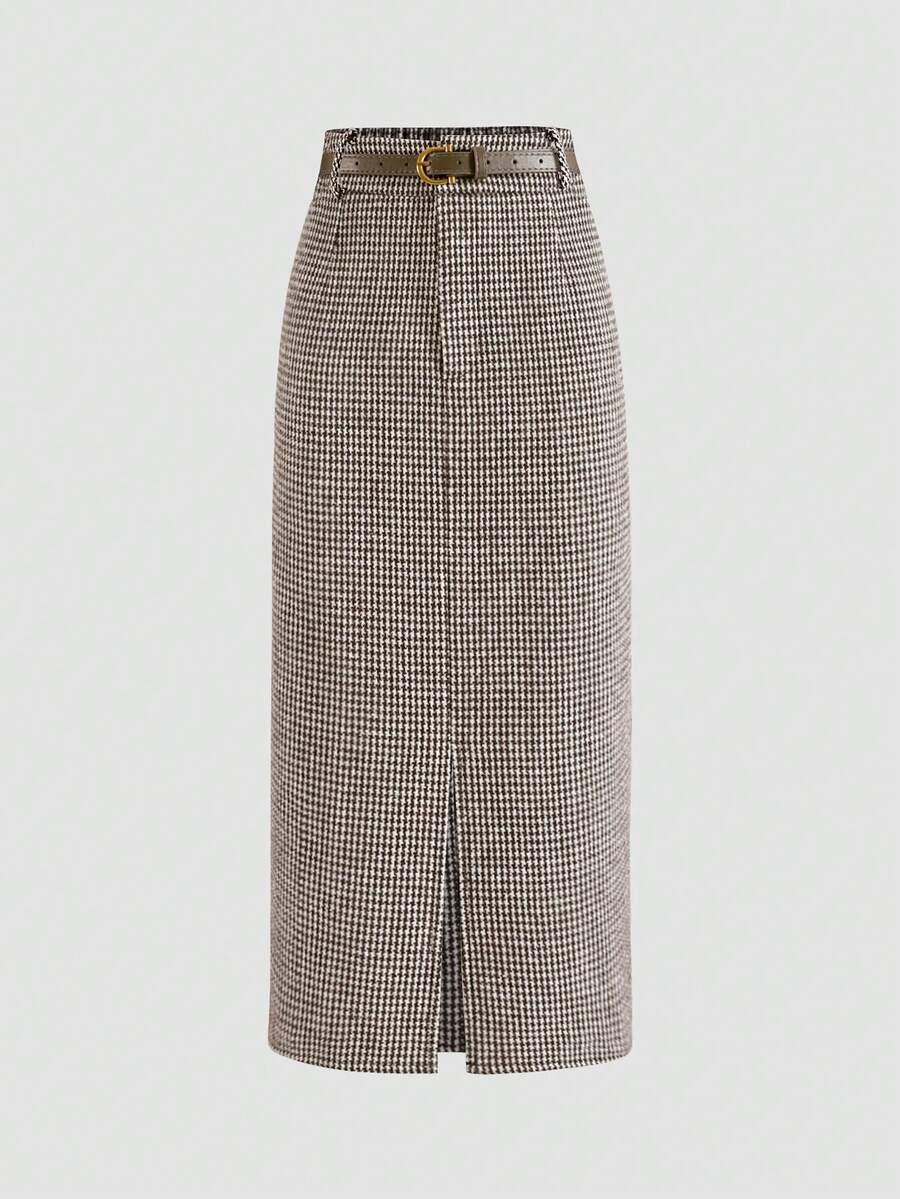 Váy chữ A xếp ly phía trước EARO kiểu Pháp cổ điển dành cho nữ, thoải mái hàng ngày, tối giản, đa năng, trang trí thắt lưng, cạp cao, cạp chun co giãn, dáng suông thanh lịch, chuyên nghiệp, xuân/thu - Màu nâu - Xem 1