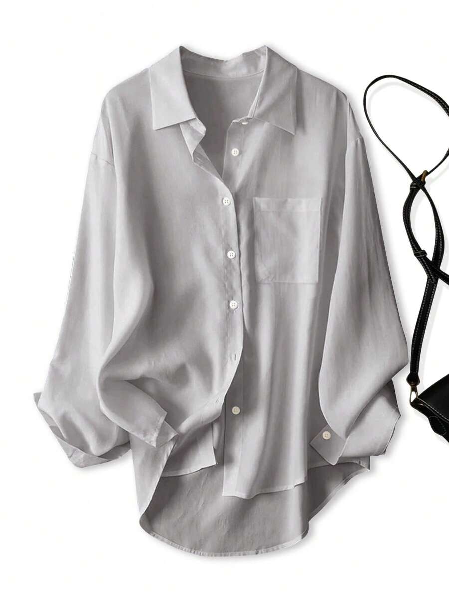 女士休闲宽松长袖衬衫，春秋季 - 淺灰色 - 查看 1