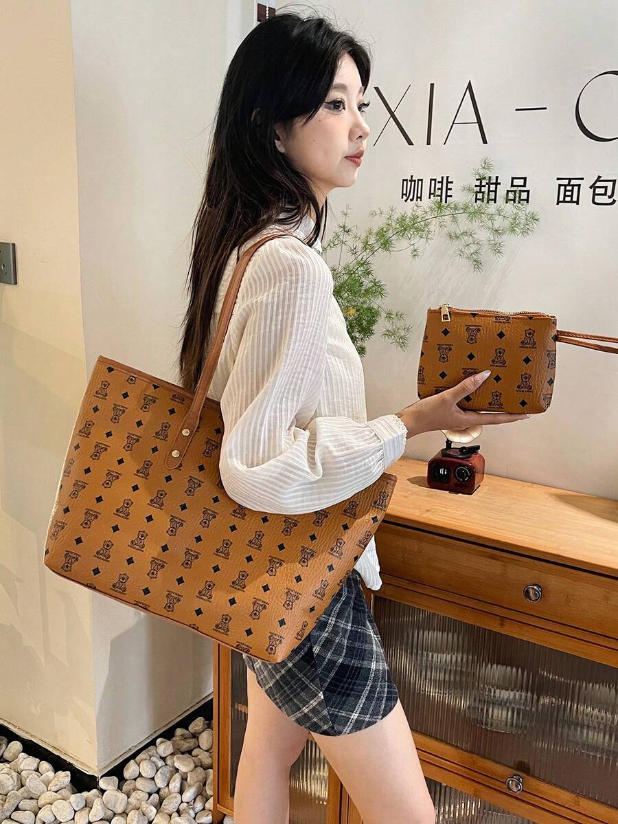 女士通勤上课高端手提包，2025新款时尚单肩包，卡通泰迪熊托特包