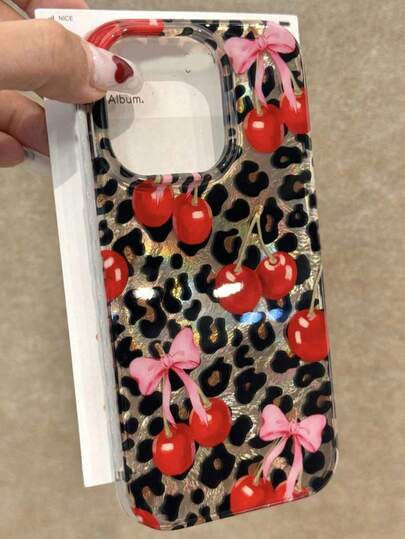 Luxury Leopard Print Cherry Bowknot Phone Case Compatible With Iphone17 16 15 14 13 12 Pro Max Laser Protective Back Cover