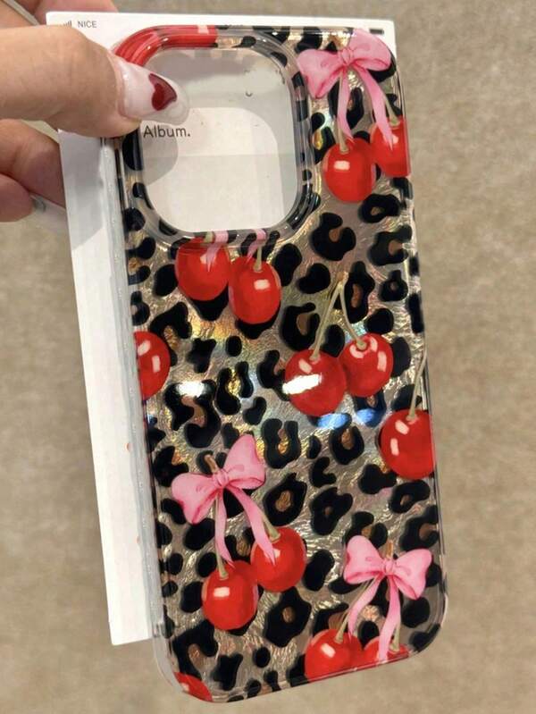Luxury Leopard Print Cherry Bowknot Phone Case Compatible With Iphone17 16 15 14 13 12 Pro Max Laser Protective Back Cover