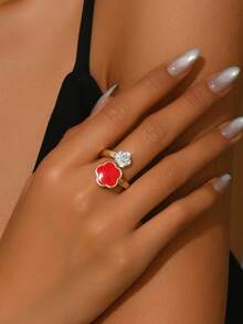 1 件优雅花卉设计开口戒指，带树脂、合金、水钻、可调节女士指环，适合日常佩戴