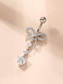 1pc Silver Color Zirconia Belly Button Ring With Bowknot Piercing Jewelry - Silver - View 3