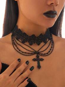 1pc Gothic Style Black Lace Choker Necklace With Cross Pendant & Tassels, Vintage Fashion Collar Necklace