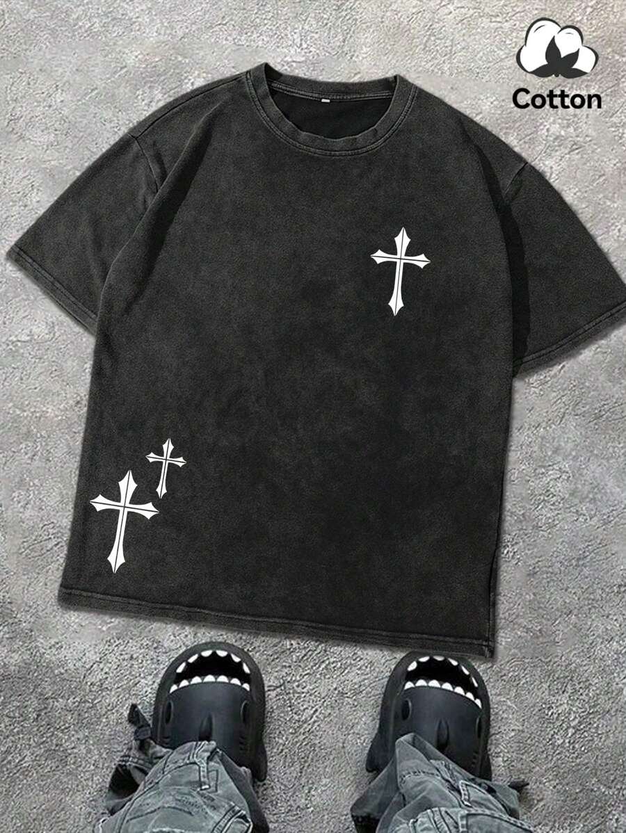Men's Casual Round Neck Short Sleeve Tee, Cross Print Distressed Graphic Commuting Daily Wear T-Shirt, Emo, 2000s Style - Black - View 1