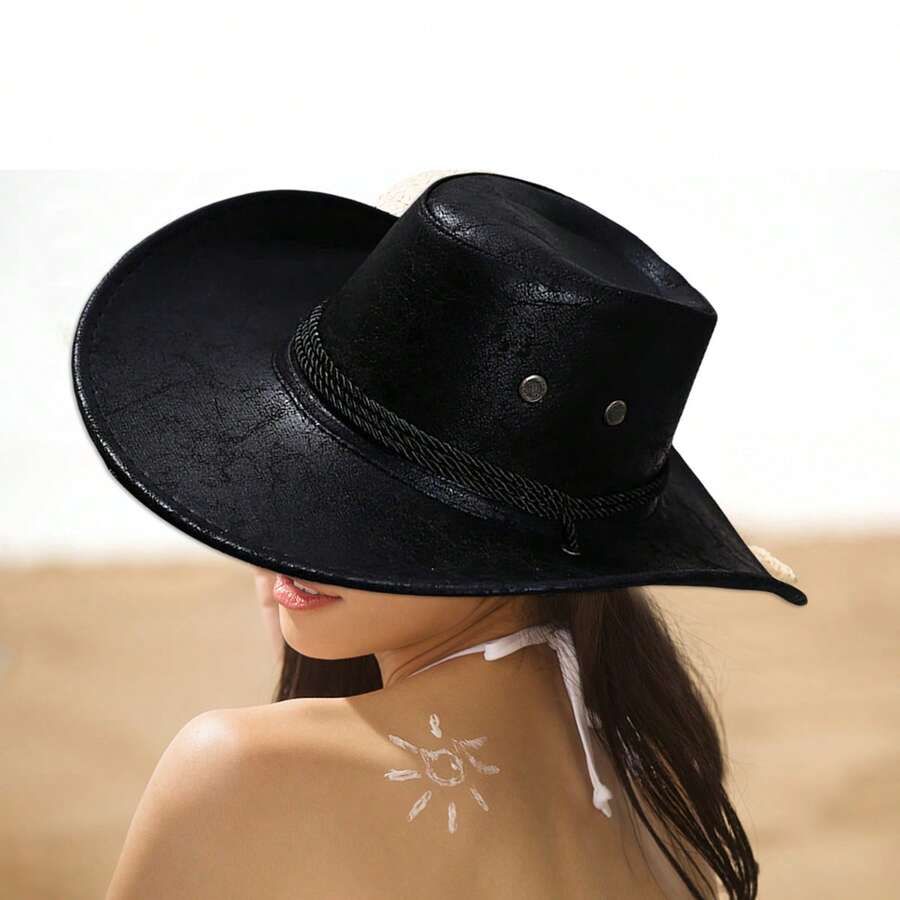 One PCS-Fashionable Retro Cowgirl Hat For Women Men - Durable Synthetic Leather Sun Cap For Holidays, Beach Outings Hiking Trails - màu đen - Xem 1