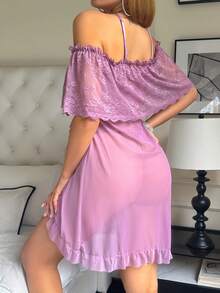 2pcs/Set Mesh Sheer Sexy Lingerie Slip Dress With Slit, Off Shoulder Camisole And Shorts - Purple - View 4