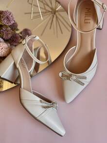 Women's Sandals, Low Block Heel, Shiny Bow, Milli, Elegant,  Party - Chantilly - Xem 3