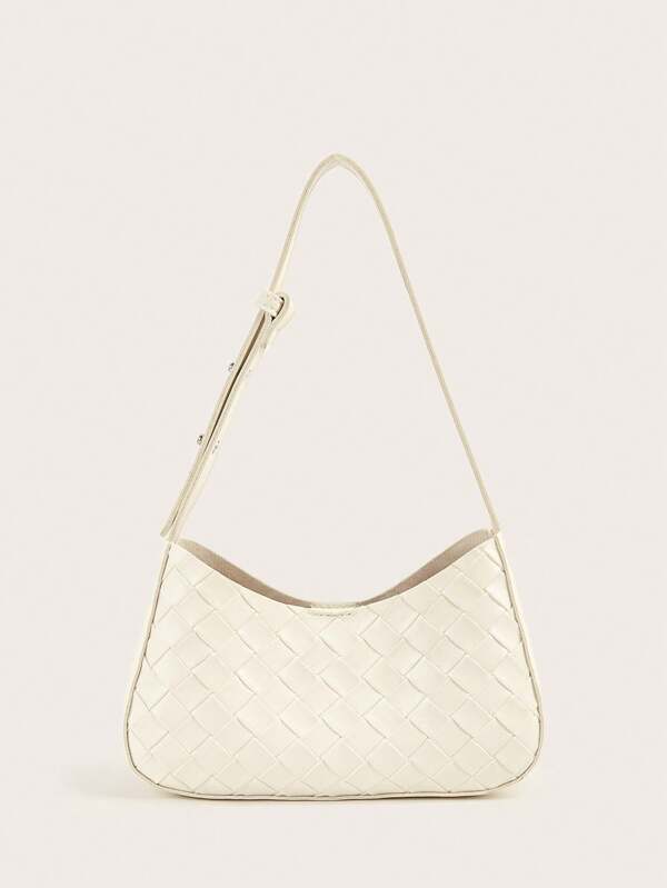 1pc Women Woven Embossed Magnetic Button Closure Handheld Tote Bag