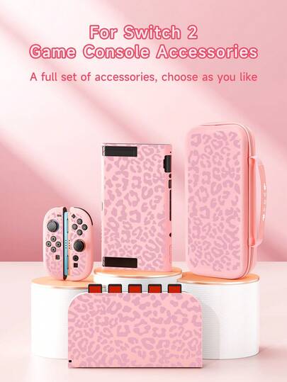 Switch 2 (2025) 配件，粉色豹纹，兼容 Switch 2/Switch OLED/Switch NS 保护壳、收纳袋、带卡槽的底座保护套、游戏卡包。保护您的设备，是送给 Switch 玩家的最佳礼物