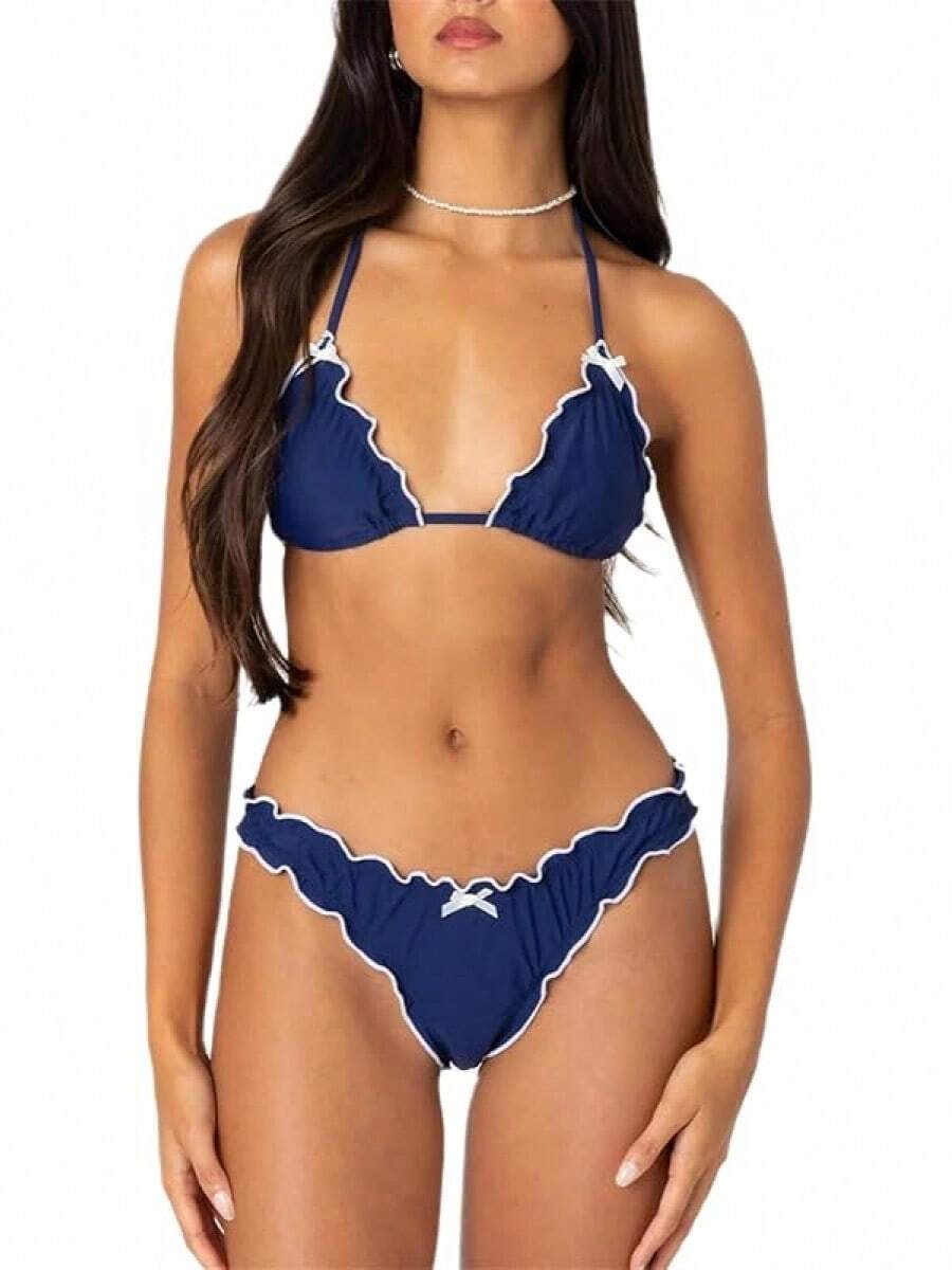 Alyweatry Women Y2K Bikinis Sets Coquette Aesthetic Bows Halter Tie Up Bikini Top High Cut Elastic Waist Bikini Bottom - 藏蓝色 - 查看 1