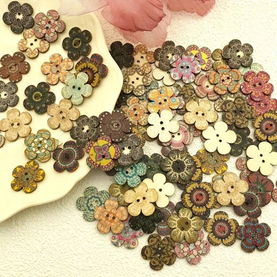 [50pcs Vintage Floral Buttons] 50pcs Vintage Floral Wooden Buttons, 0.78" Multicolor, 2-Hole Design For Sewing, Crafts & DIY Projects, Buttons For Sewing