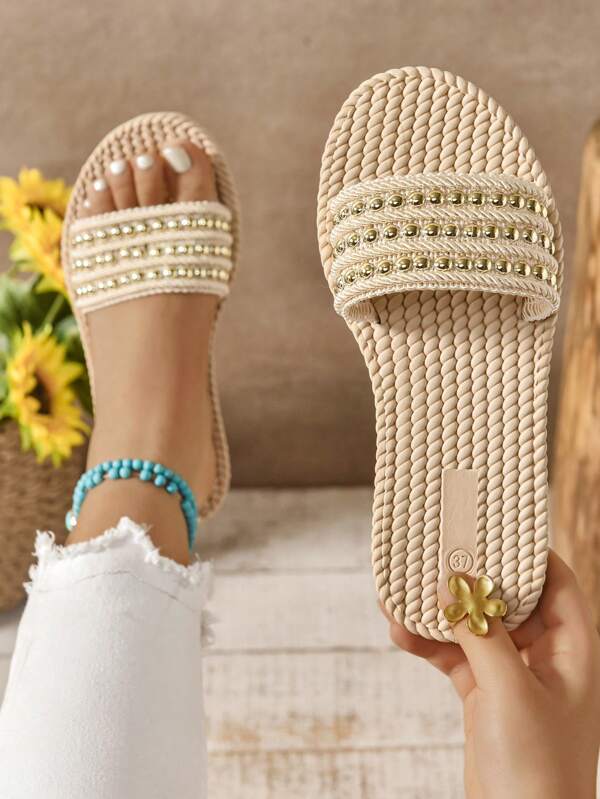 1 Pair Solid Color Bohemian Beaded Flat Sandals, Woven Design For Beach, Resort, Outdoor, Casual & Comfortable Summer