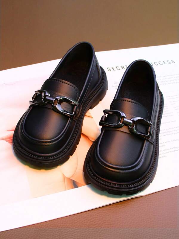 1 Pair Children Black Leather Loafers, Slip-On Soft Bottom Casual Shoes For School, Spring & Autumn, Middle & Big Kids