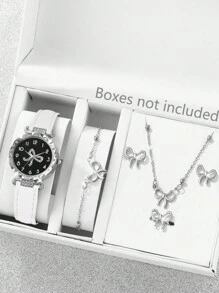Conjunto de 6 piezas con correa de reloj de piel de PU blanco de moda, caja redonda de plata con patrón de lazo incrustado, reloj de cuarzo, collar, aretes, anillo, pulsera, mejor regalo de cumpleaños para ella, versátil para uso diario, fiesta, regreso a clases