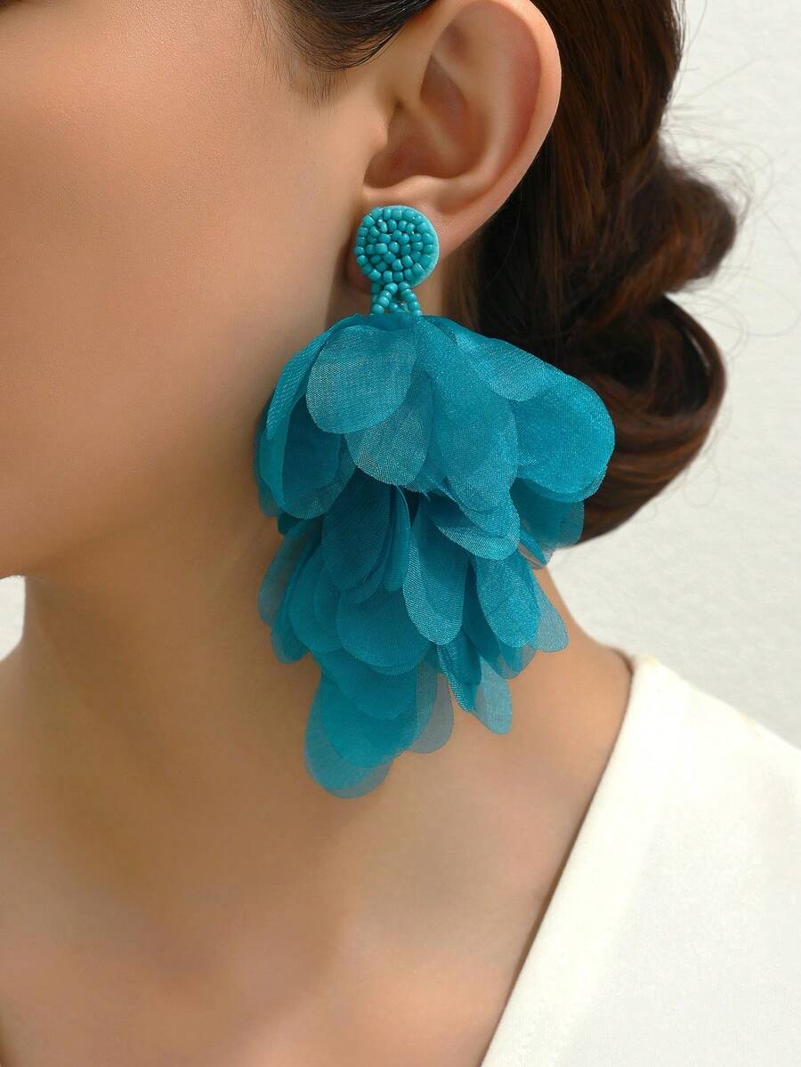 1 Pair Bohemian Beads Fabric Flower Large Earrings For Women Summer Beach Vacation Party Prom Jewelry - A Pair Of Floral Tassel Earrings - View 1