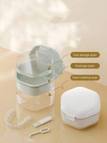 Estuche portátil 2 en 1 para almacenamiento de dentaduras postizas y aparatos de ortodoncia invisibles, recipiente de limpieza multifuncional para retenedores, caja hermética de 3 capas con canasta para el cuidado oral profesional de retenedores, alineadores y protección de dentaduras