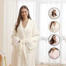 Bearberry Hooded Robe Cozy Leopard Robe Lightweight Soft Plush Bathrobe With Pockets For Women - Cream-hoodless - View 6