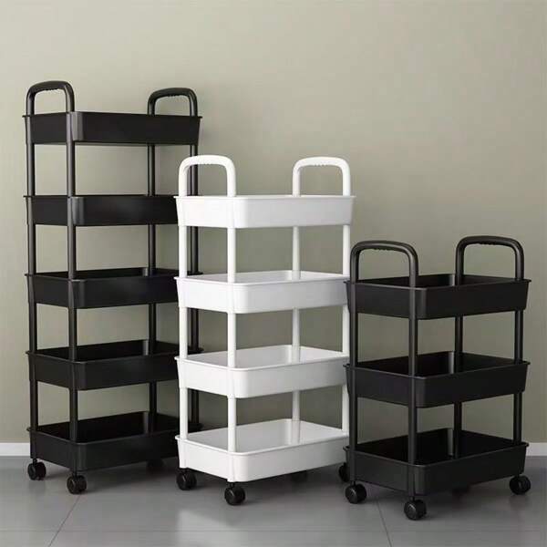 Chariot de rangement à roulettes avec 3/5 niveaux, Étagère de rangement multifonctionnelle pour la cuisine, la salle de bain et le bureau. Design fin en PP pour un rangement mobile et gain d'espace. Étagères multi-niveaux, 360° mobiles