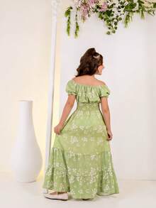 Children's Long Dress Party Elegant Youth Printed Flowers 3 Marias - 薄荷綠 - 查看 4