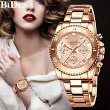 BIDEN 1 Reloj de mujer, Cronógrafo, Resistente al agua, Calendario, Correa de acero inoxidable, Reloj de mujer elegante y de estilo con herramienta de corte de tira de acero gratis y caja gratis