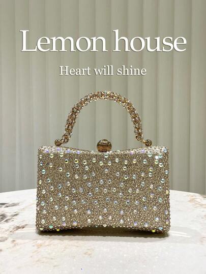 1pc Shiny Gold Rhinestone Decorated Elegant Clutch Bag, Fashionable And Sophisticated Evening Bag, Suitable For Formal Occasions, Weddings, Parties, Cocktail Events, Ideal Gift For Women