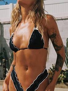 Alyweatry Women Y2K Bikinis Sets Coquette Aesthetic Bows Halter Tie Up Bikini Top High Cut Elastic Waist Bikini Bottom - 荷葉邊飾邊黑色 - 查看 3