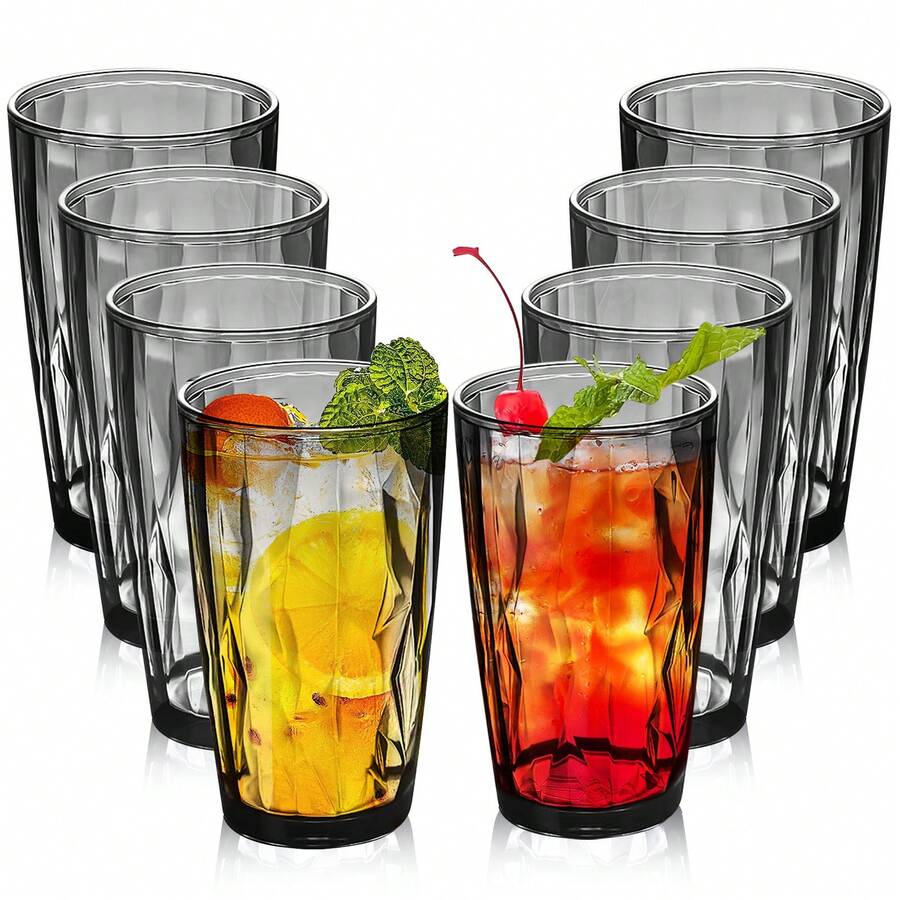 8-Pack 16oz Unbreakable Acrylic Cups - Reusable Plastic Tumblers For Water, Juice & Wine | Dishwasher-Proof Grey Drinking Glasses For Indoor/Outdoor (470ml) - Dark Grey - View 1