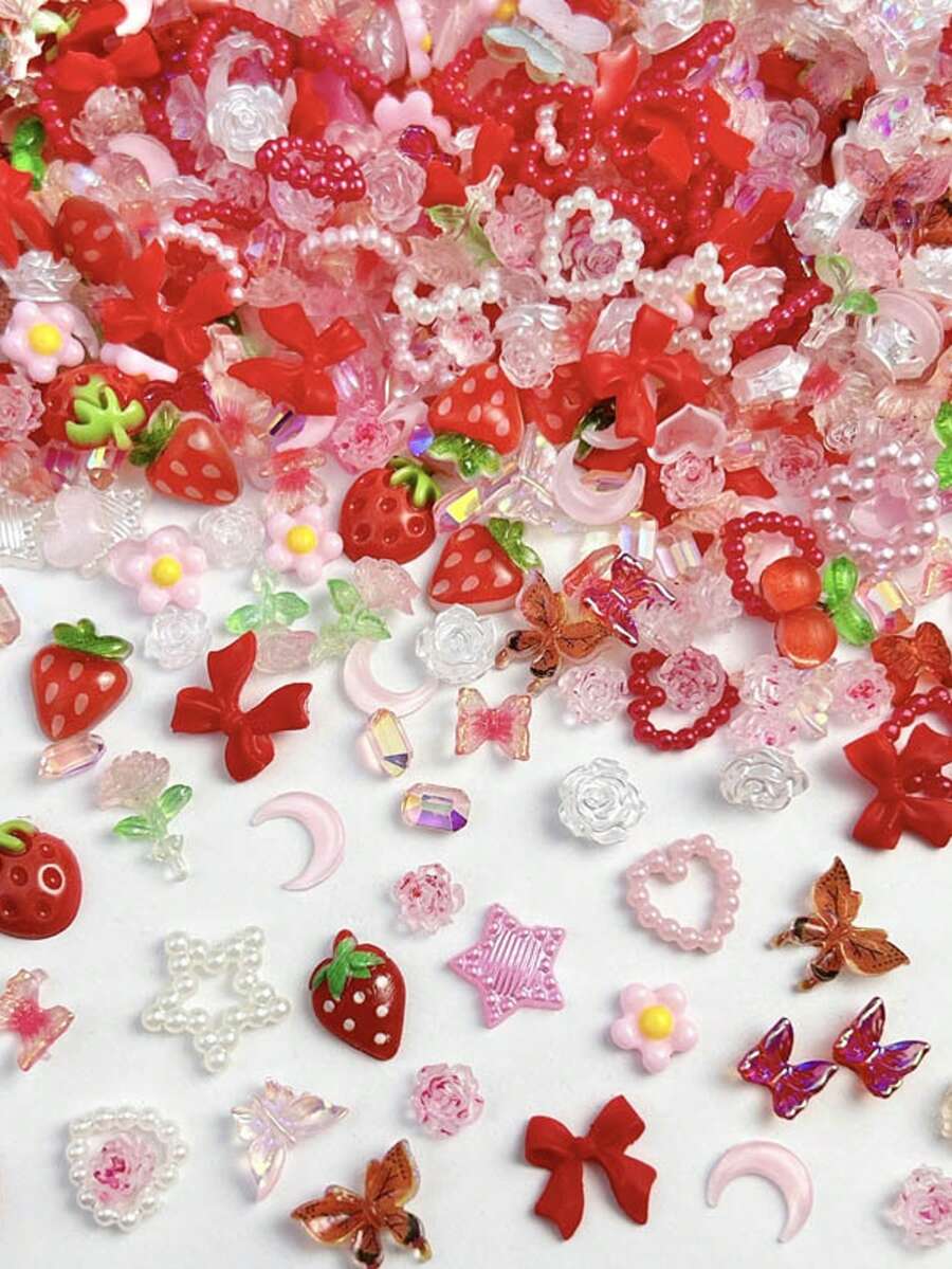 200pcs Resin Red And White Mixed Nail Charms Cartoon Strawberry Bow Pearl Nail Art Charms Accessories DIY - 紅色 - 查看 1