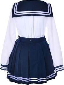 Japanese Sailor Uniform For Girls, Navy Blue Pleated Skirt Cosplay Set With Socks, Anime School Costume - 白色和海軍藍 - 查看 3