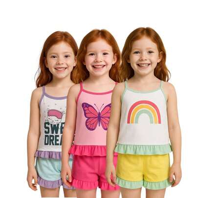 Kit 3 Pijama Baby Doll Infantil Menina Verão Alcinha Babadinho De Malha Barato Estampa Sortida