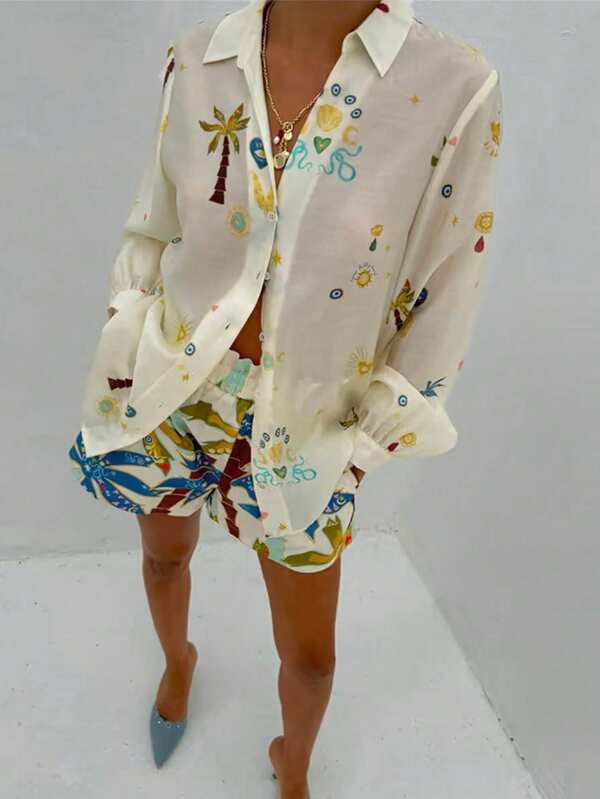 Conjunto de 2 piezas de camisa y pantalones cortos de estampado tropical informal