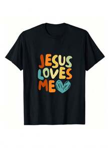 "JESUS ​​LOVES ME" Printed Casual Summer Round Neck T-Shirt For Men Made Of 100% Cotton 190gsm - 黑色 - 查看 1