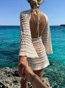 Women's Spring Summer Beach Outfits Bohemian Sexy Hollowed-Out Backless Long Sleeve Crochet Cover Up Sundress