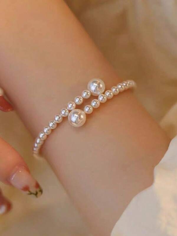 1pc Elegant Adjustable Faux Pearl Beaded Bracelet For Women, Geometric Design, Sophisticated Stylish Accessory For Daily Use, Parties, And Vacations, Vintage-Inspired Fashion Open Cuff - Ideal Gift