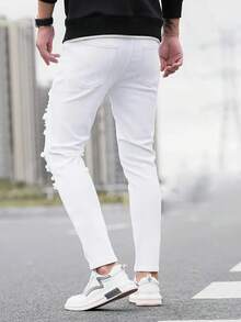 Men's Fashion Casual Washed Elastic Distressed Slim Fit Jeans - White - View 2