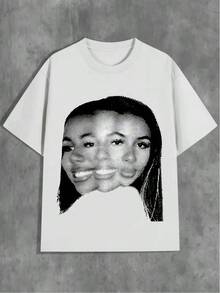 Teen Girl Clothes Y2K Dot Pattern Portrait Print Tee, Short Sleeve Round Neck Top, Breathable Fabric, Teen Shirts Girls Clothes Artistic Outfits - 白色 - 查看 1