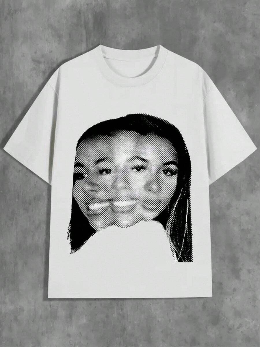 Teen Girl Clothes Y2K Dot Pattern Portrait Print Tee, Short Sleeve Round Neck Top, Breathable Fabric, Teen Shirts Girls Clothes Artistic Outfits - 白色 - 查看 1