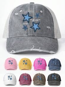 1st dambroderad 5-uddig stjärntvättad hästsvans nödställd baseballkeps, solskyddande fritidshatt Lämplig för vår/höstresor, strandsemester, solhatt för män, Y2K-stil ungdomshatt - broderi - Visa 14