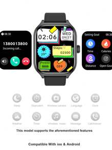 1 pulseira de relógio inteligente feminina, tela sensível ao toque TFT de 2,05", temperatura corporal, previsão do tempo, Bluetooth, rastreador de atividades, lembrete de chamadas/mensagens, compatível com sistemas Android e iOS, adequado para presentes