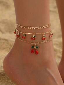 3pcs/Set Sweet Cherry Pendant Anklet, Cute Cherry Tassel Foot Jewelry Fashion Anklet Set, Suitable For Daily Wear, Beach Party, Dating - 彩色 - 查看 1