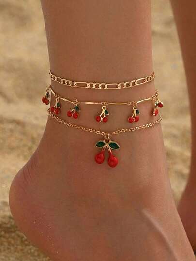 3pcs/Set Sweet Cherry Pendant Anklet, Cute Cherry Tassel Foot Jewelry Fashion Anklet Set, Suitable For Daily Wear, Beach Party, Dating