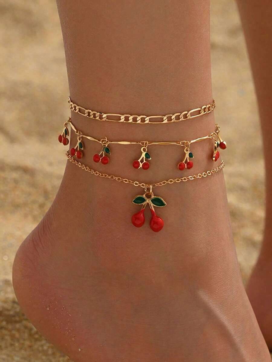 3pcs/Set Sweet Cherry Pendant Anklet, Cute Cherry Tassel Foot Jewelry Fashion Anklet Set, Suitable For Daily Wear, Beach Party, Dating - 彩色 - 查看 1