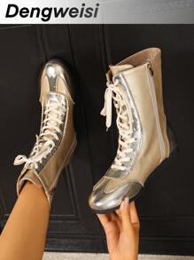 金色侧拉链系带圆头平底舒适休闲百搭中筒靴