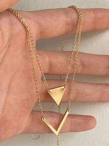 1 Pcs Vintage Elegant Gold & Silver Geometric Asymmetrical Triangle Layered Pendant Necklace Jewelry