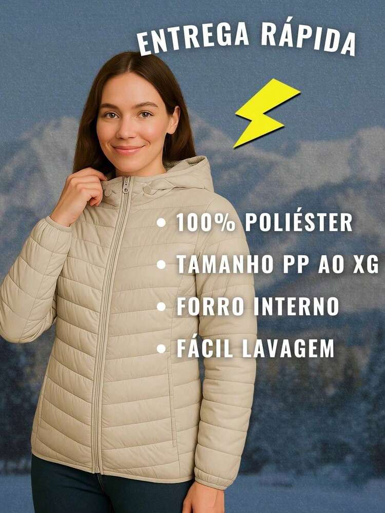 Jaqueta Puffer Feminina Bobojaco Impermeável Moto Capuz Removível Super Resistente Frio Neve - Bege - Visão 5
