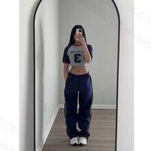 Women Simple Casual Streetwear Polyester Drawstring Pocket Pants - 藏蓝色 - 查看 2