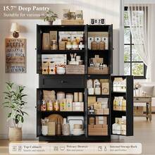 HOSTACK 68" Tall Kitchen Pantry Storage Cabinet, Modern Kitchen Hutch Cabinet With Doors And Shelves, Freestanding Food Pantry With Large Storage Drawer For Dining Room, Living Room, White - Black - View 7